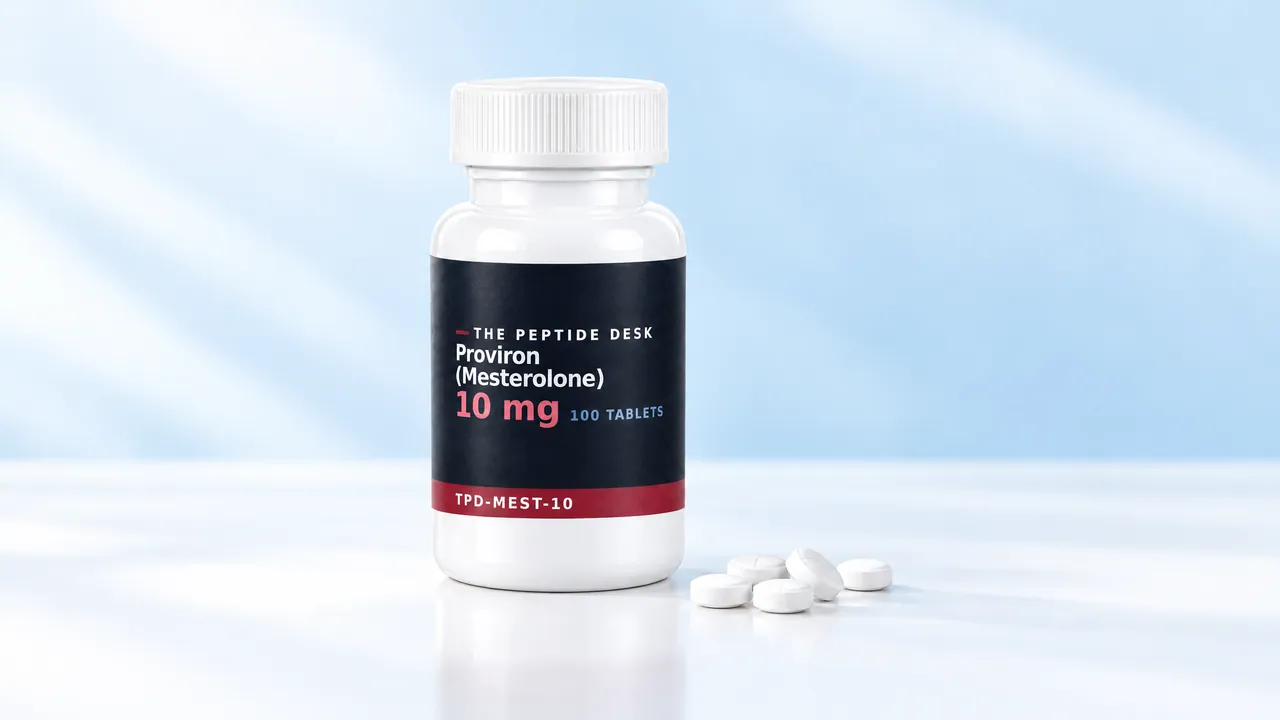 White tablet bottle with the black TPD label for mesterolone against a light blue background, a few white tablets next to it