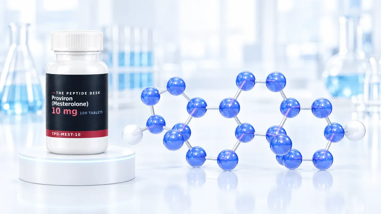White tablet bottle with the black TPD label for mesterolone on a white podium, next to a blue 3D steroid molecule with four rings in a bright lab