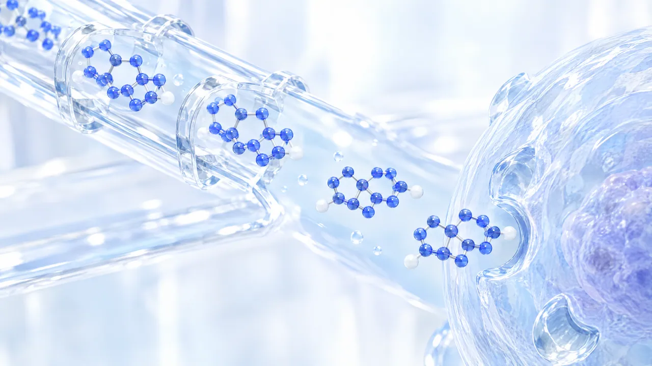 Glass tubes through which blue four-ring steroid molecules flow towards a transparent cell and dock onto its surface