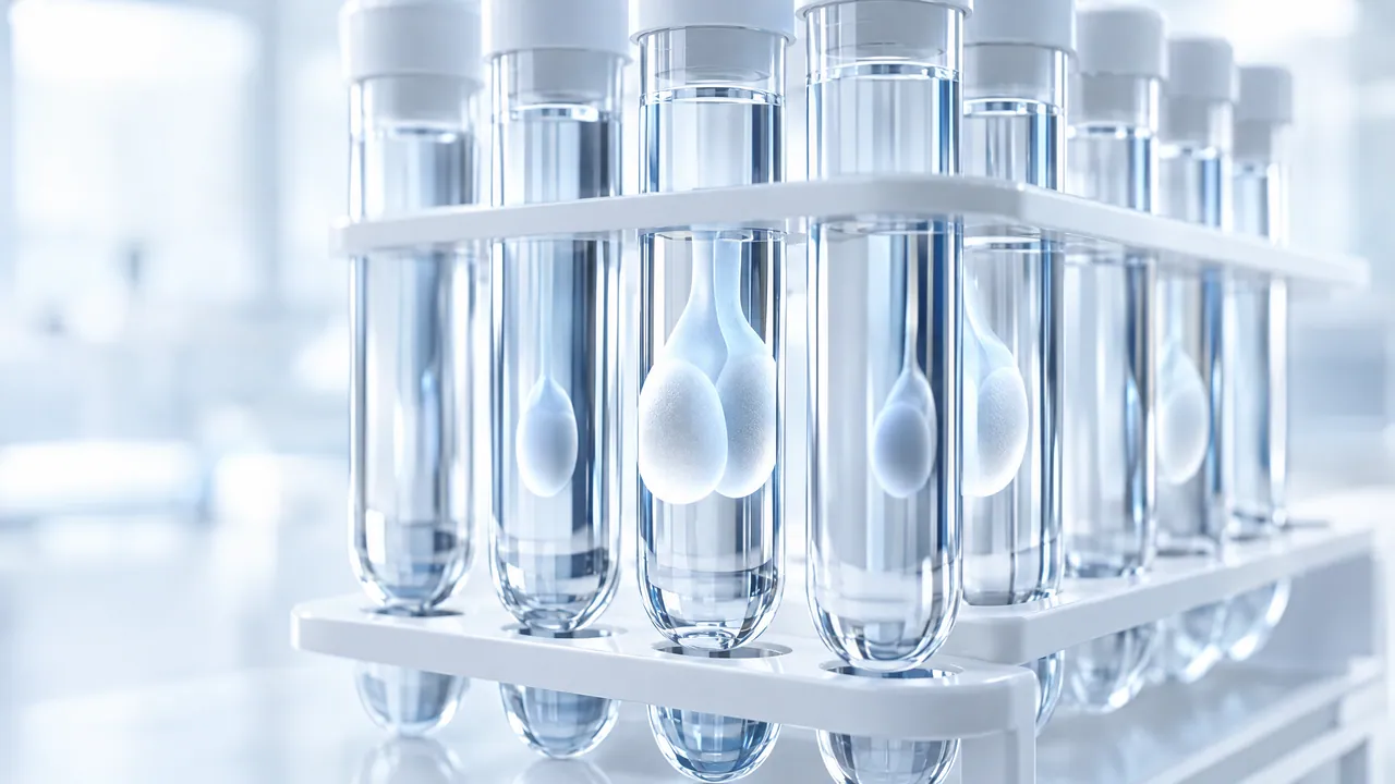 Test tubes with clear liquid in a white rack, some holding white drop-shaped objects