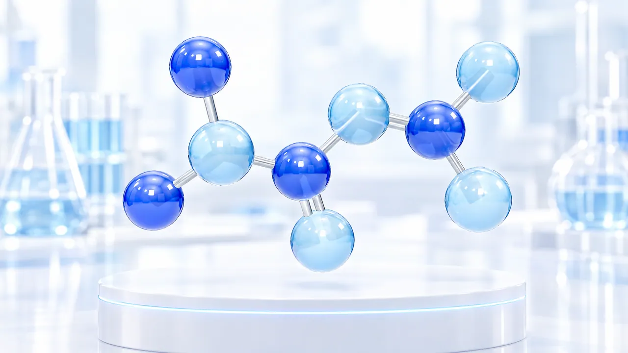 Molecule model of glossy dark blue and light blue glass spheres floats above a white podium with a glowing rim, blurred lab flasks with blue liquid behind it, symbolic image for metformin