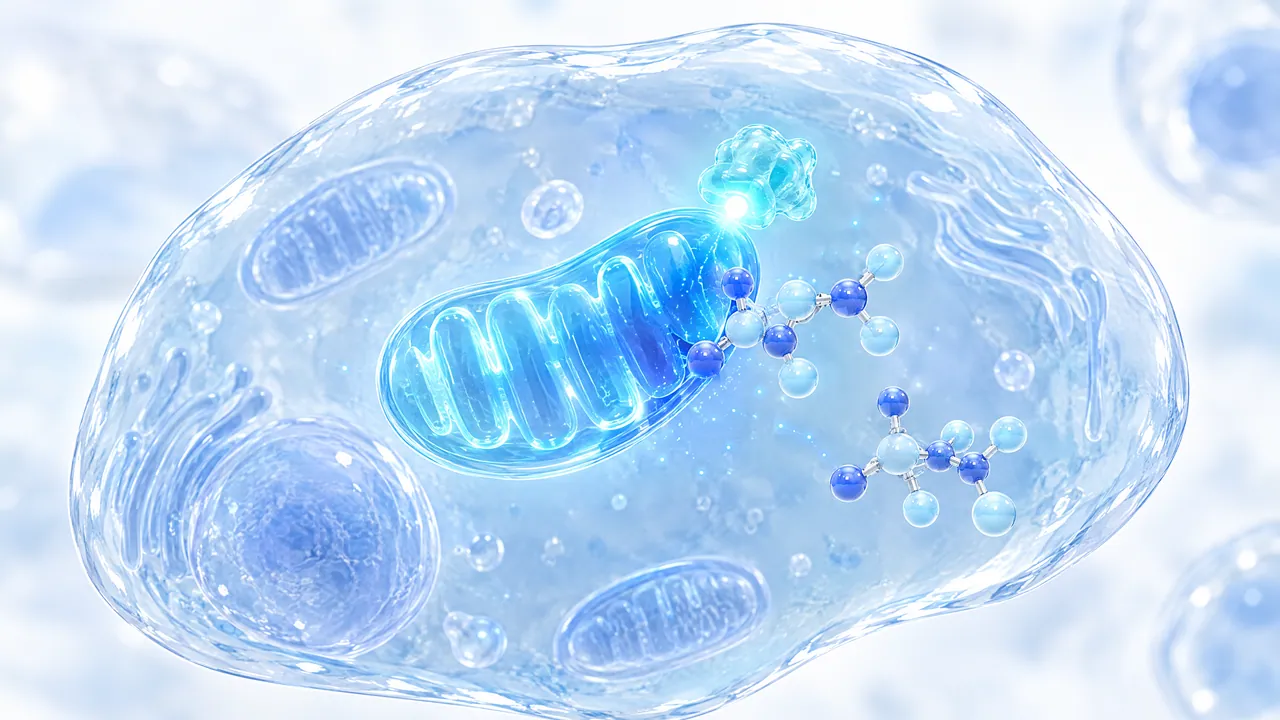 Translucent light blue cell with a nucleus and several mitochondria, in the centre a glowing blue mitochondrion with a bright spot of light at a turquoise structure, next to it two small blue molecule models