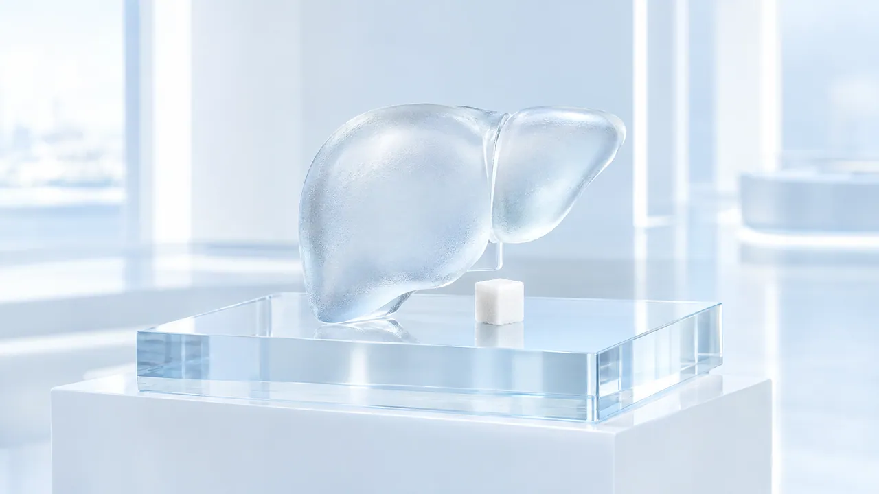 Frosted glass model of a liver on a clear glass block, next to it a single sugar cube, on a white pedestal in a bright room