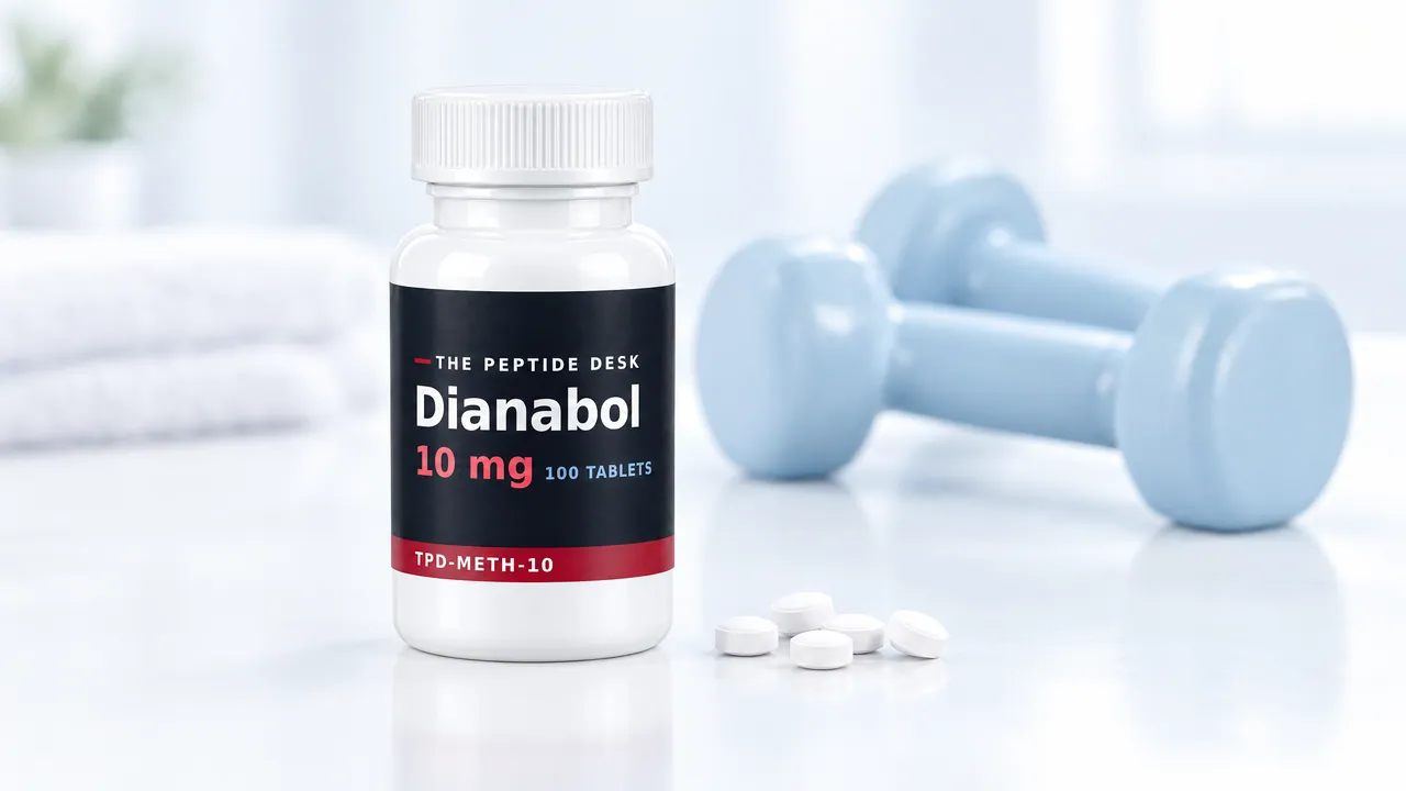 White tablet bottle with a black TPD label, a few round white tablets in front of it, two light blue dumbbells and a folded white towel in the background