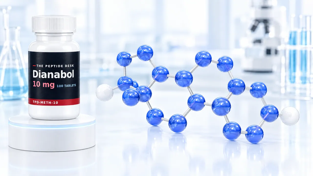 White tablet bottle with a black TPD label on a white podium, next to it a large glossy blue 3D steroid molecule in a bright lab with flasks and a microscope, symbolic image for methandienone