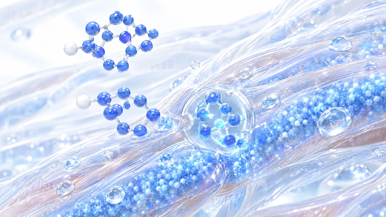 Glossy blue 3D steroid molecules float above transparent twisted fibre bundles full of blue beads, one sits in a glass capsule on a fibre strand