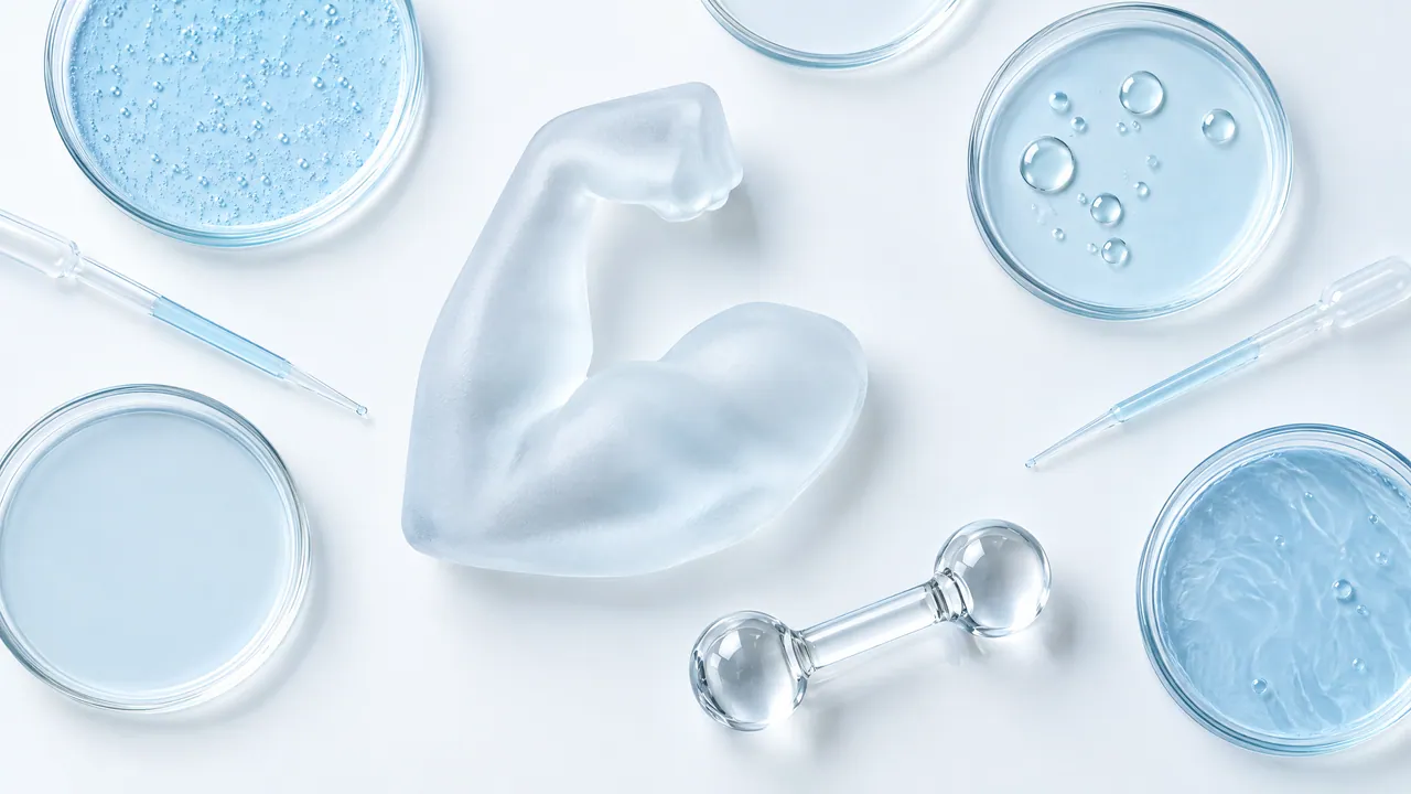 Glass figure of a flexed upper arm between petri dishes with light blue liquid, two pipettes and a glass dumbbell on a white surface