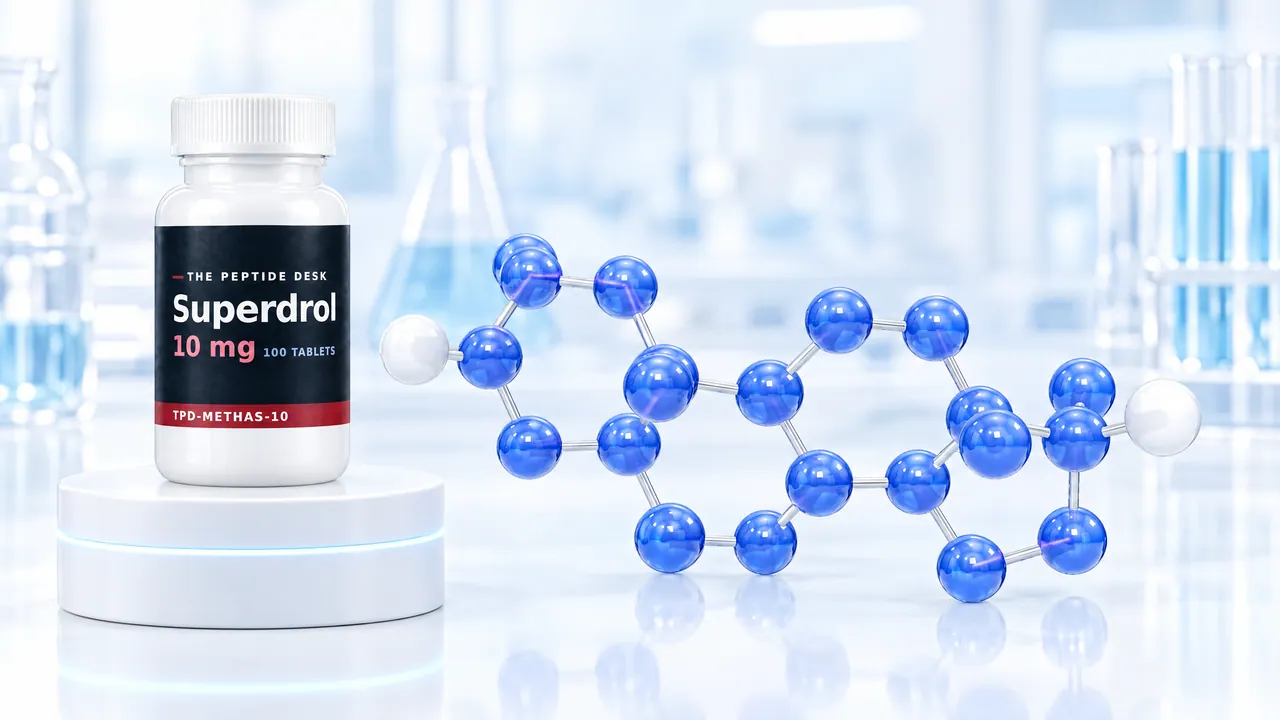 White tablet bottle with a black TPD label on a white podium with a glowing ring, next to it a large blue 3D steroid molecule in front of a bright lab
