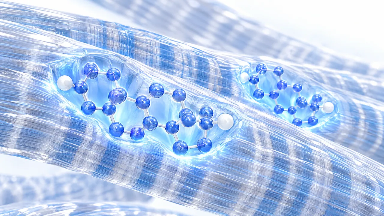 Two blue 3D steroid molecules resting glowing in pockets on translucent striped glass muscle fibres