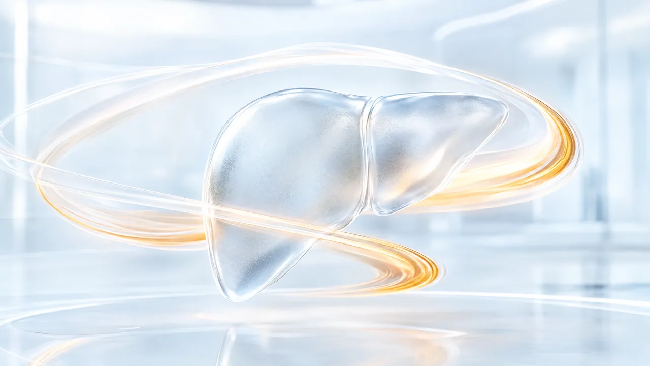 Translucent glass liver surrounded by glowing white and golden ribbons of light in a bright lab
