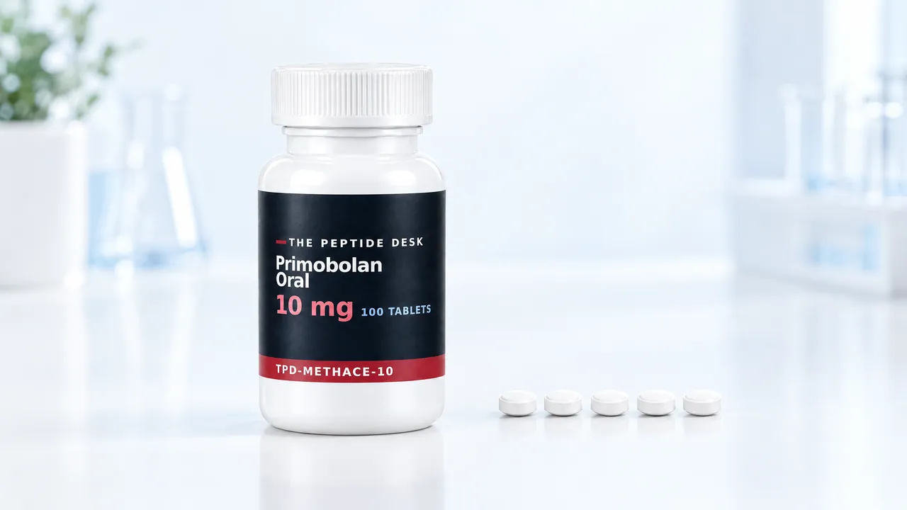 White tablet bottle with a black TPD label on a bright table, next to it five white tablets in a row