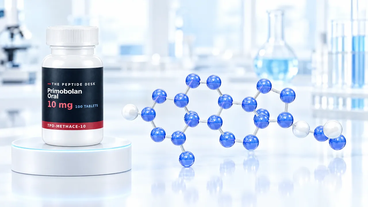 White tablet bottle with a black TPD label on a white podium, next to it a glossy blue 3D steroid molecule in a bright lab, symbolic image for methenolone acetate