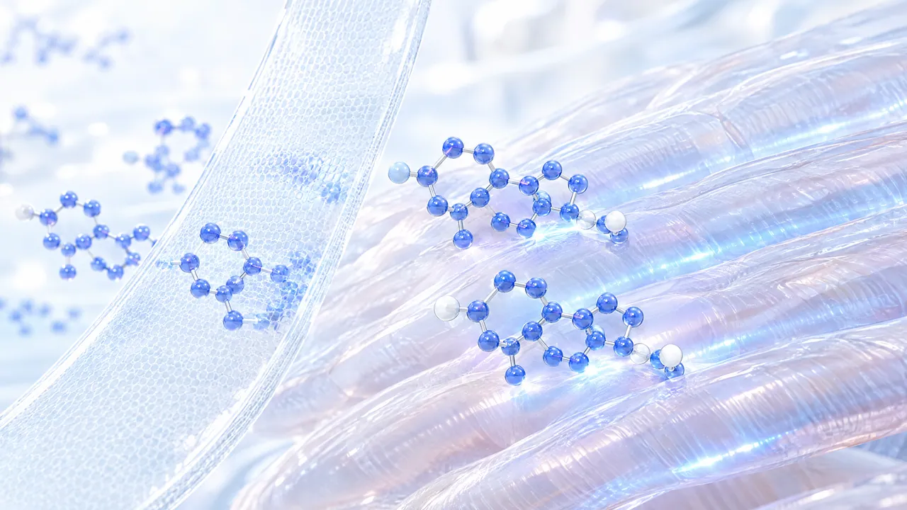 Glossy blue 3D steroid molecules on light glassy muscle fibres, on the left a transparent honeycomb band with a molecule passing through it