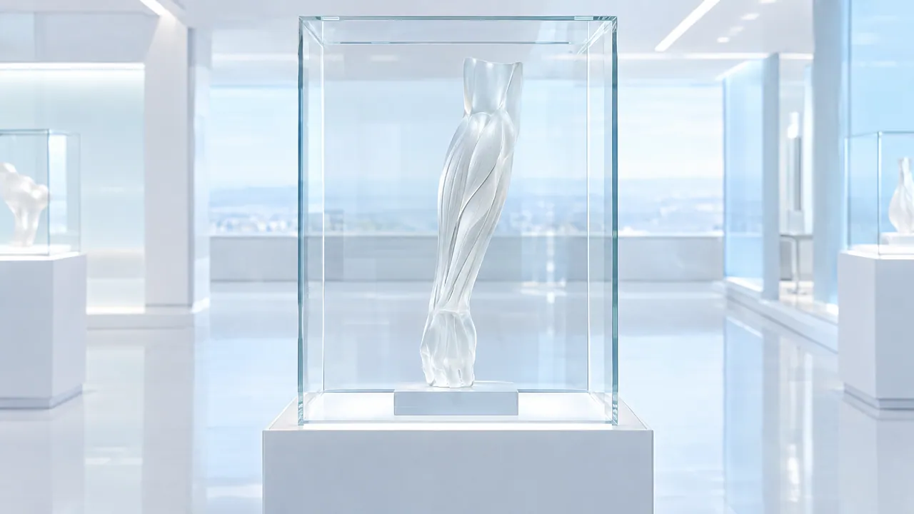 Glass sculpture of a forearm with visible muscle strands in a glass case on a white plinth, in a bright exhibition room