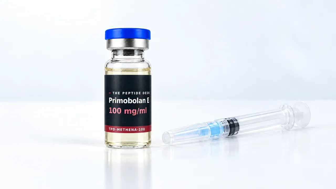 Glass vial with pale yellow oil and a black TPD label, next to it a disposable syringe with a blue needle cap on a white table