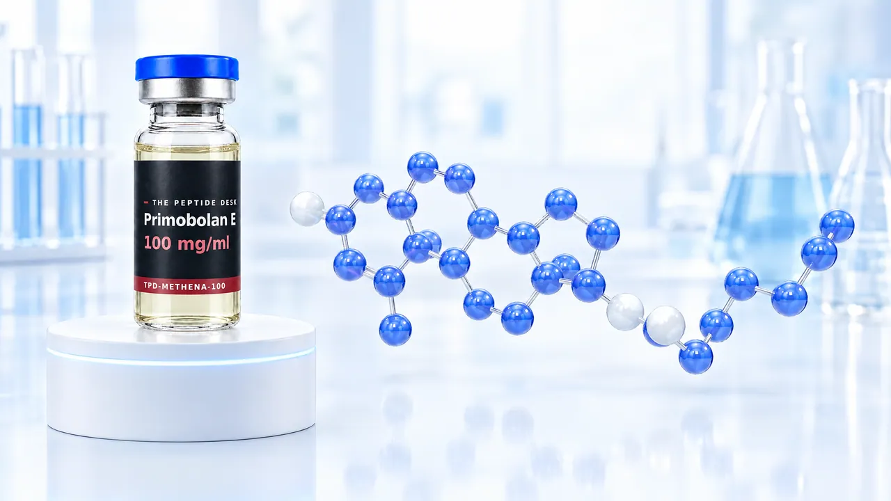 Glass vial with pale yellow oil and a black TPD label on a white podium, next to it a glossy blue 3D steroid molecule with a long ester chain in a bright lab, symbolic image for methenolone enanthate