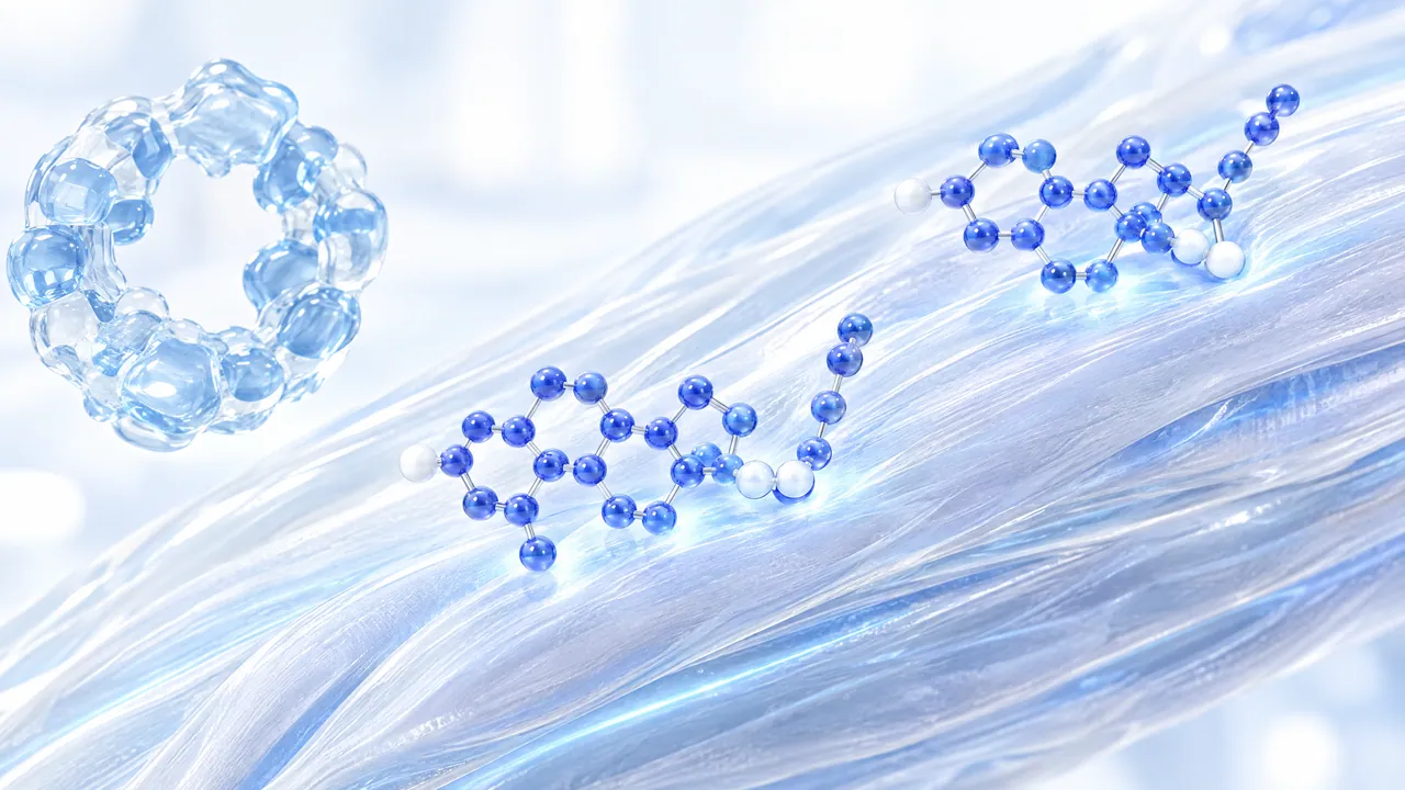 Glossy blue 3D steroid molecules on light blue glassy muscle fibres, a transparent ring of spheres on the left