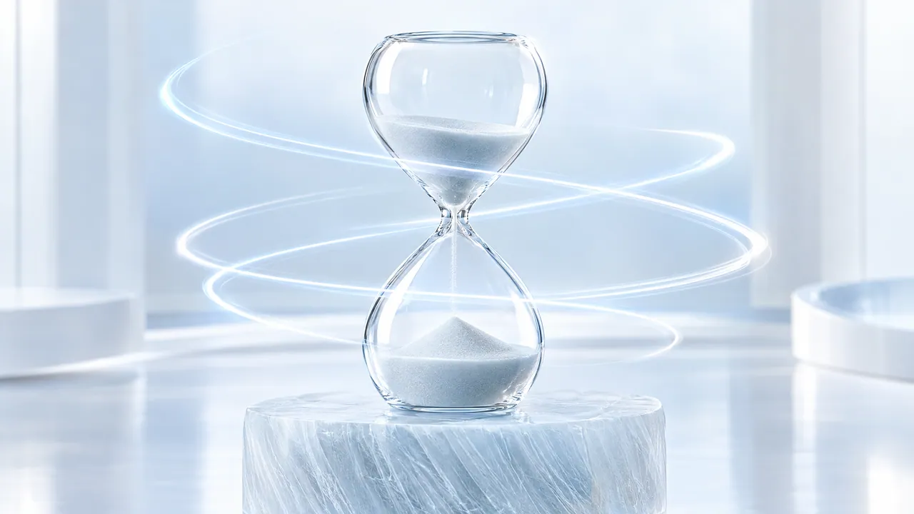 Glass hourglass with white sand on a marble base, surrounded by glowing light arcs in a bright room