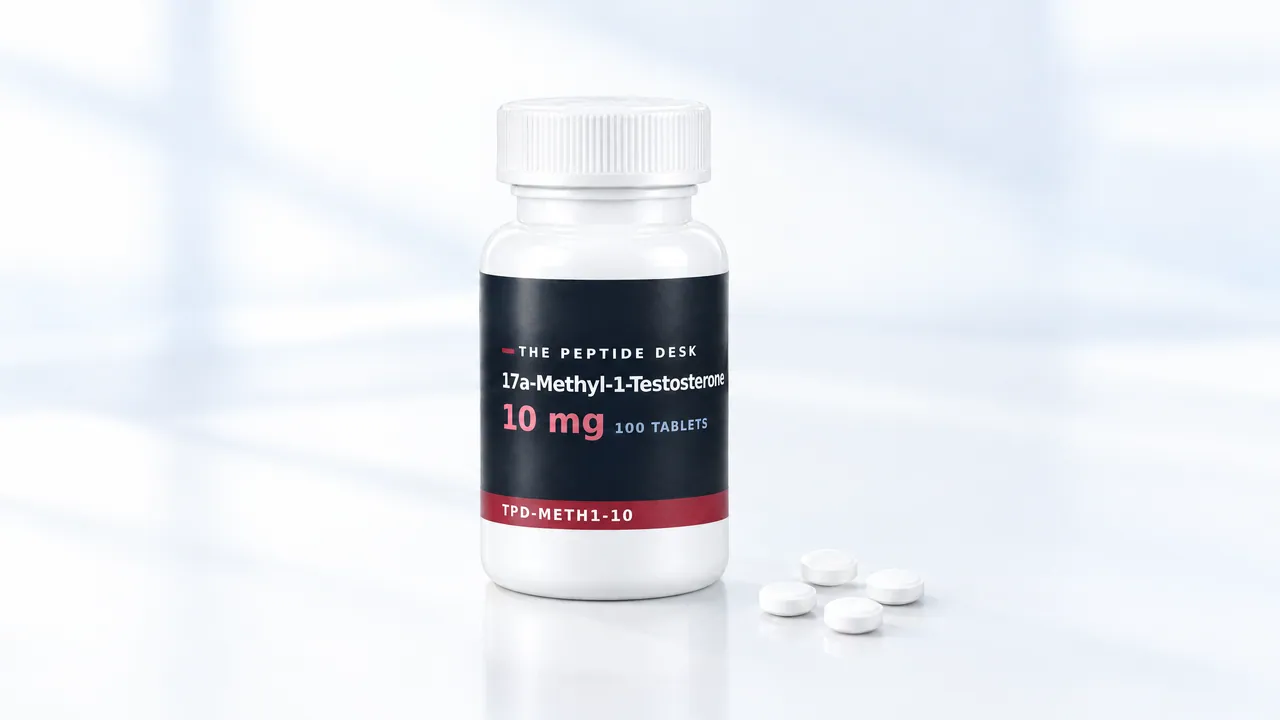 White tablet bottle with a black TPD label on a bright surface, four white tablets beside it