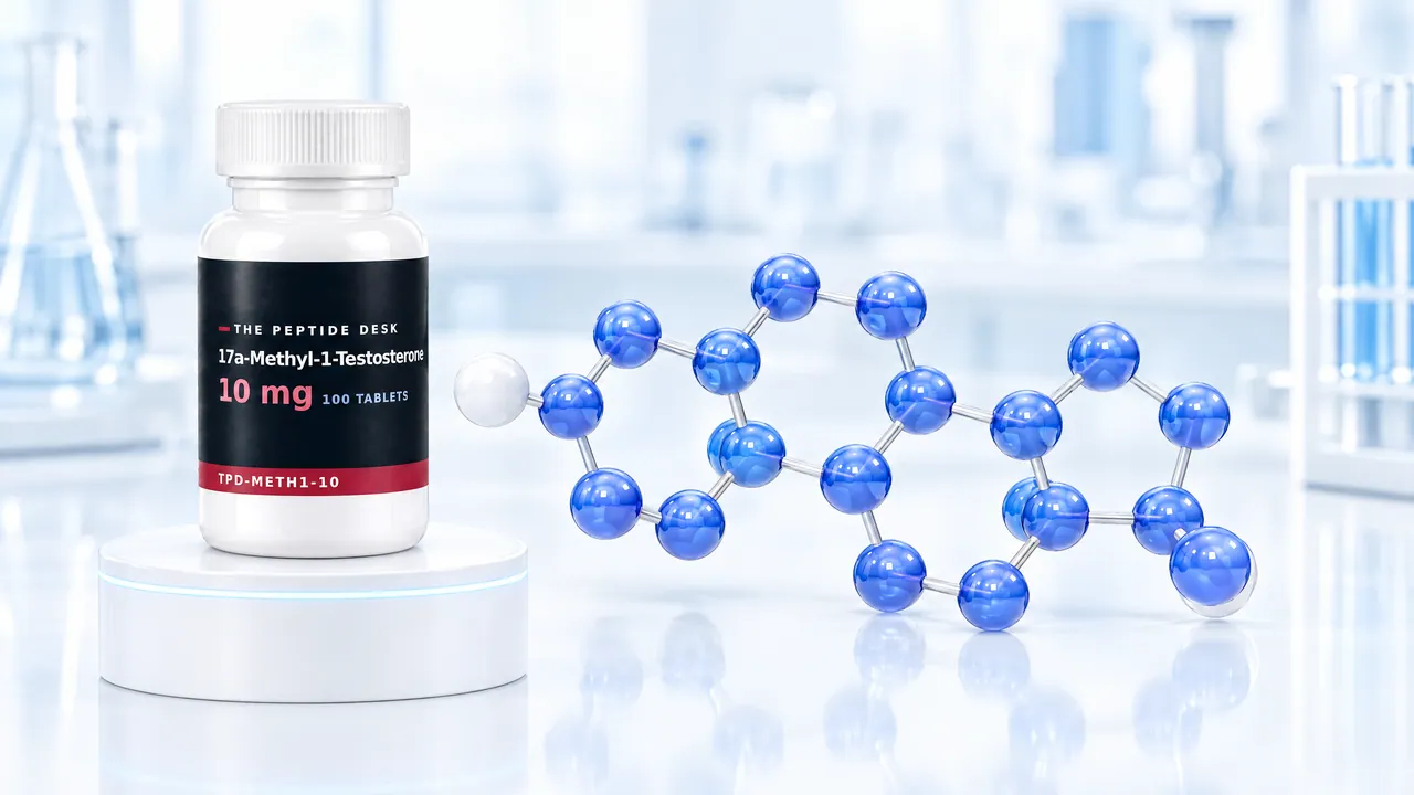 White tablet bottle with a black TPD label on a white podium with a glowing ring, next to it a large blue 3D steroid molecule in front of a bright lab