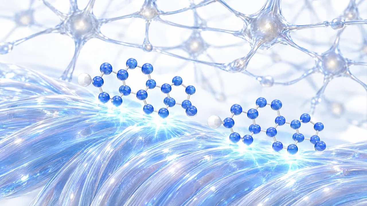 Two glossy blue 3D steroid molecules rest glowing on a transparent light blue fibre strand, behind them a fine network of glass nerve cells