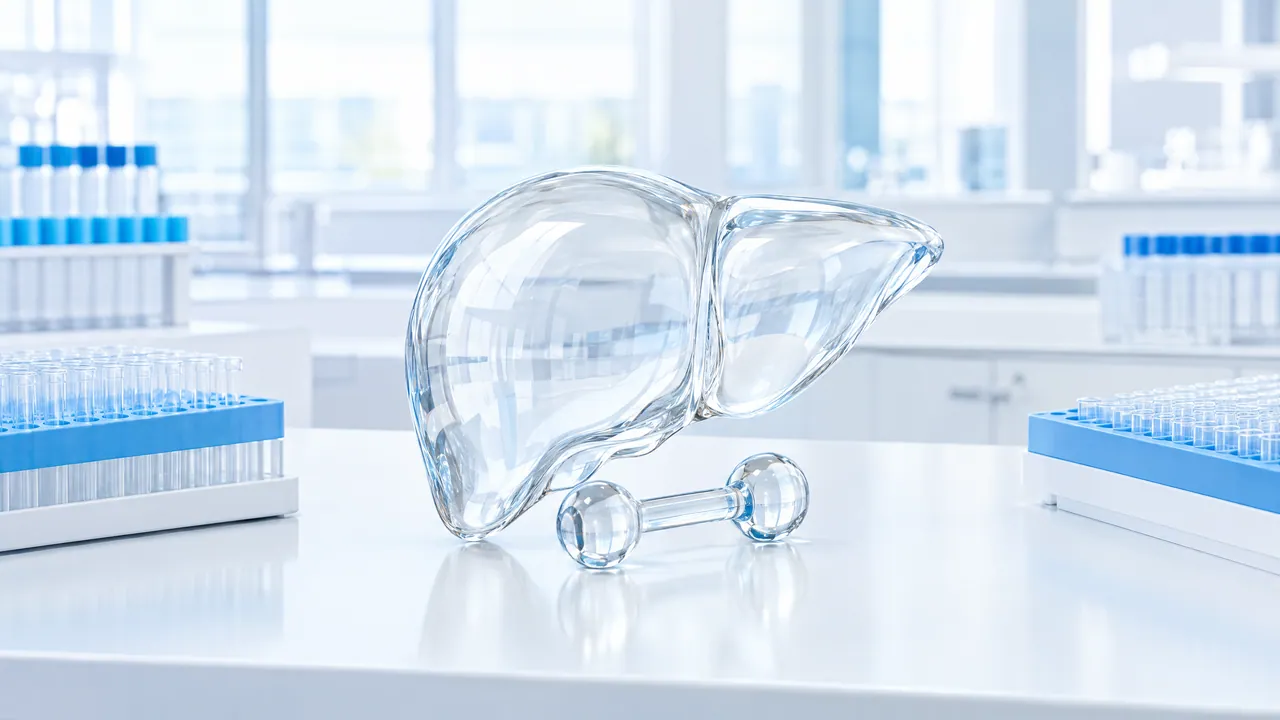 Transparent glass model of a liver on a white lab bench, a small glass dumbbell in front of it, racks of blue-capped tubes at the sides