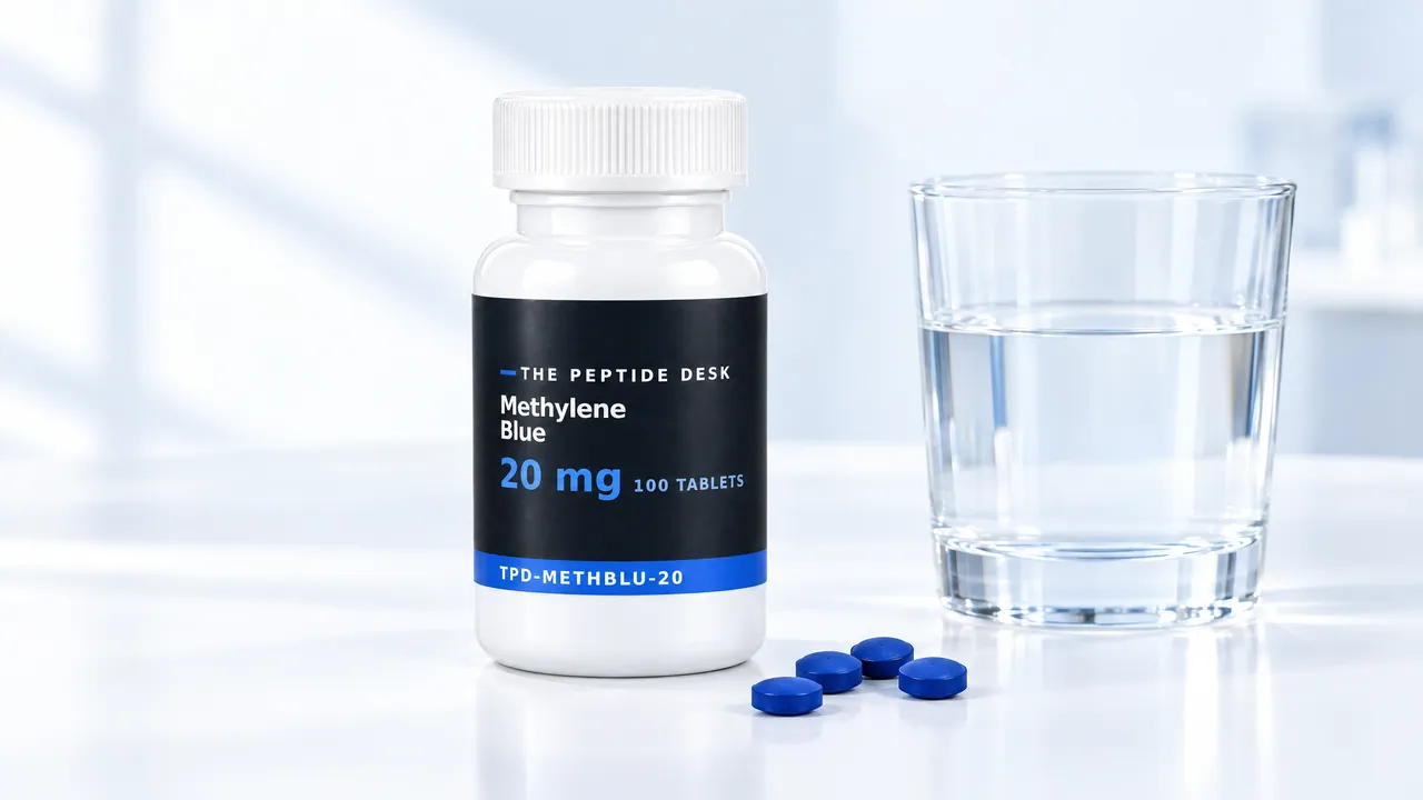 White tablet bottle with the black TPD label, four blue tablets in front of it and a glass of water beside it on a bright table