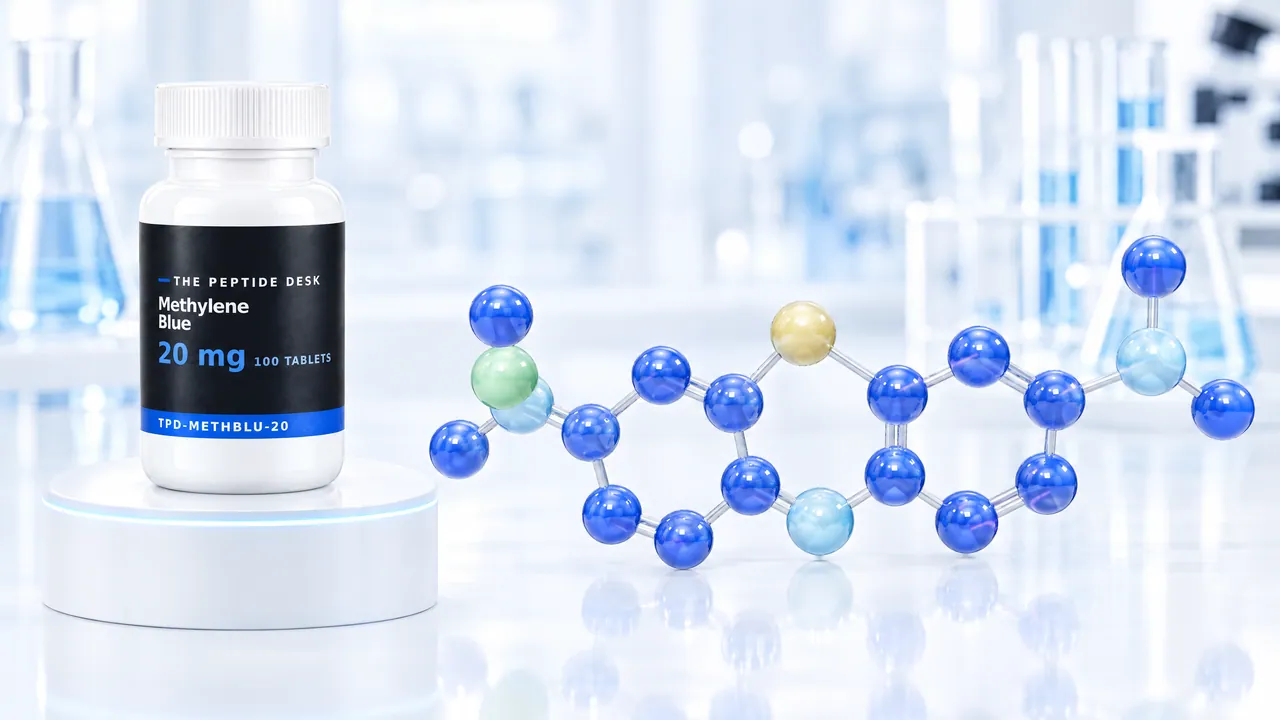 White tablet bottle with the black TPD label for Methylene Blue on a white podium, next to a blue 3D molecular model of methylene blue in a bright lab