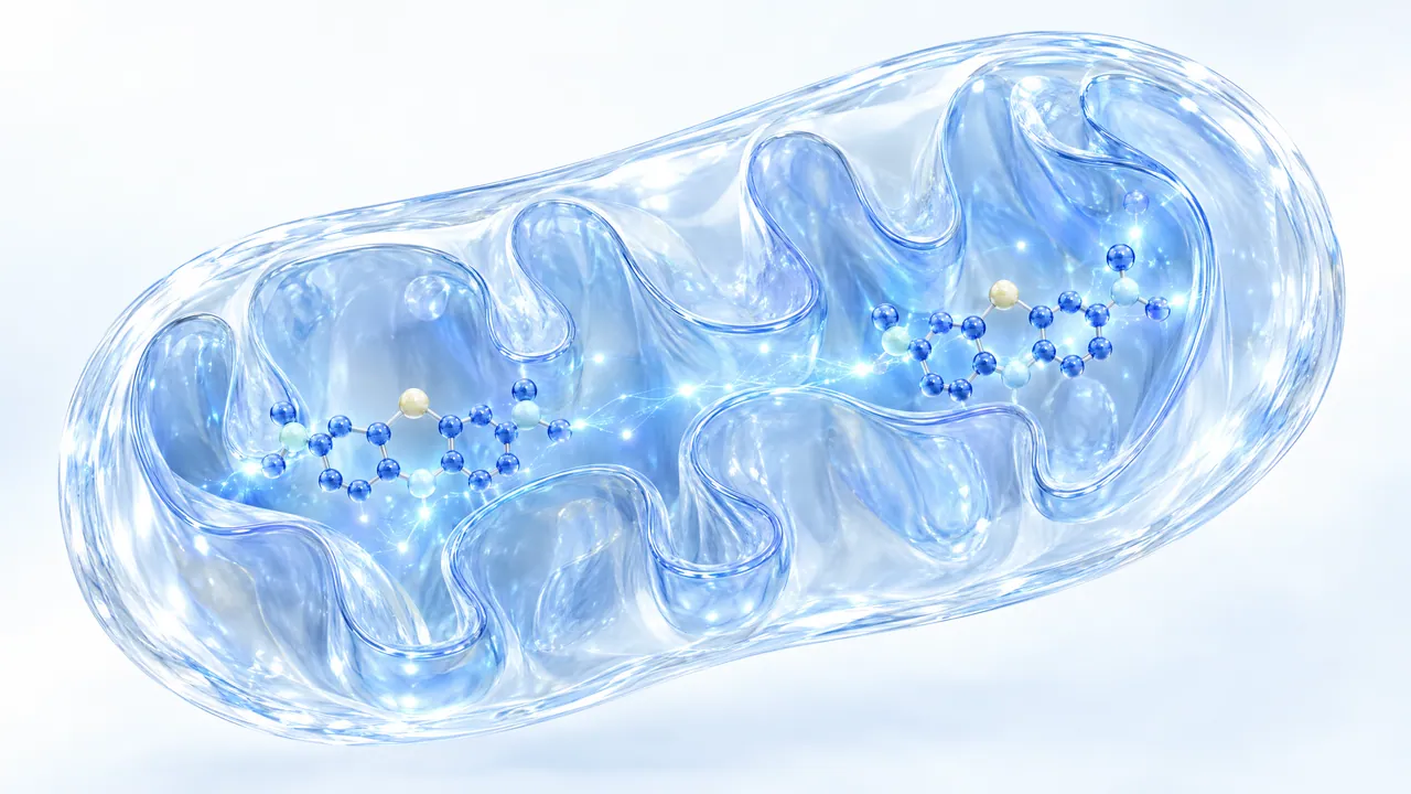 Translucent blue mitochondrion with a folded inner membrane, inside two methylene blue molecules made of blue spheres with glowing points of light between them