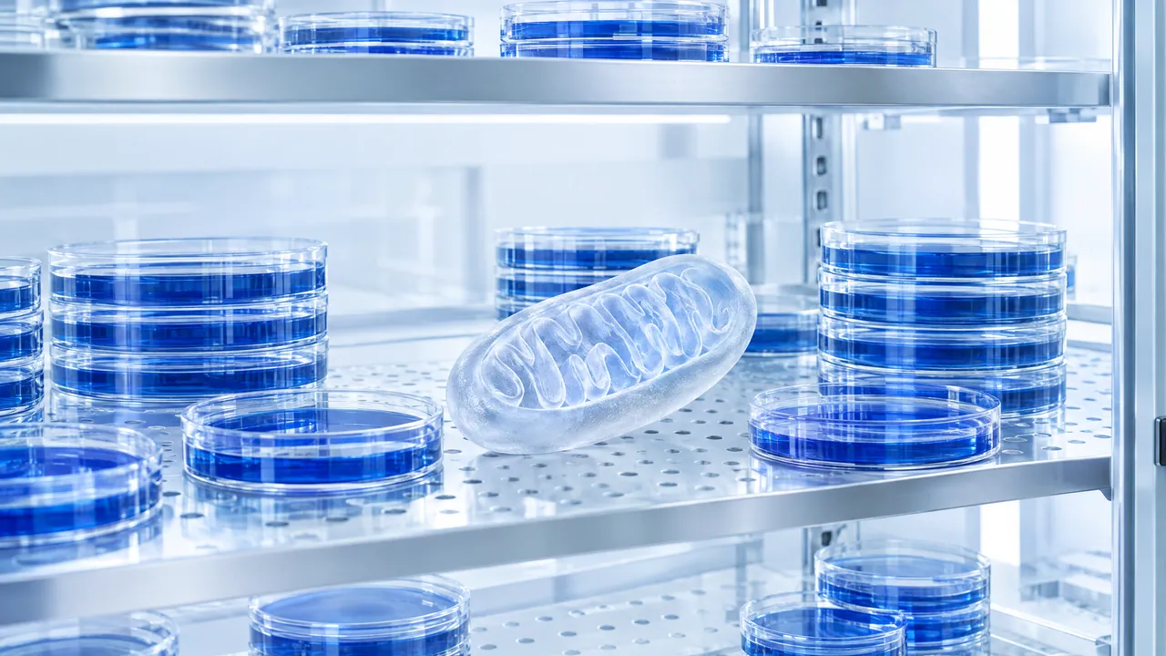Stainless steel shelf with stacked Petri dishes full of blue liquid, a translucent model of a mitochondrion in the middle