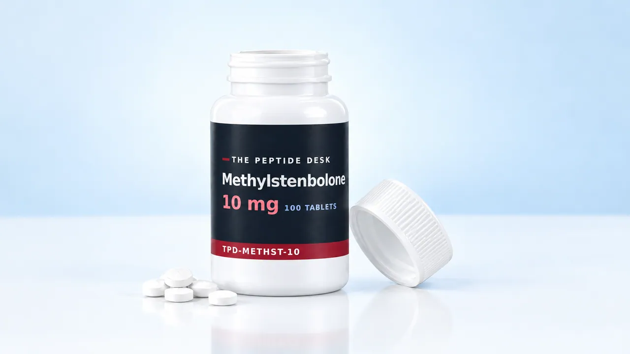 Open white tablet bottle with a black TPD label, next to it the cap and a few round white tablets on a bright surface