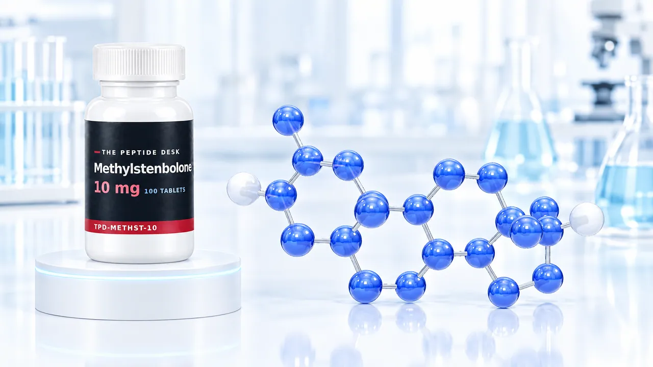 White tablet bottle with a black TPD label on a white podium with a glowing ring, next to it a large glossy blue 3D steroid molecule in front of a bright lab