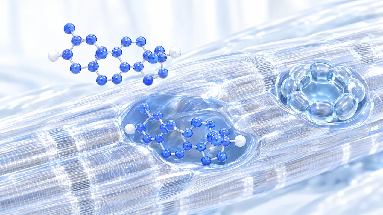 Two glossy blue 3D steroid molecules above a translucent glass muscle fibre, one resting in a hollow of the fibre, next to it a ring-shaped docking site