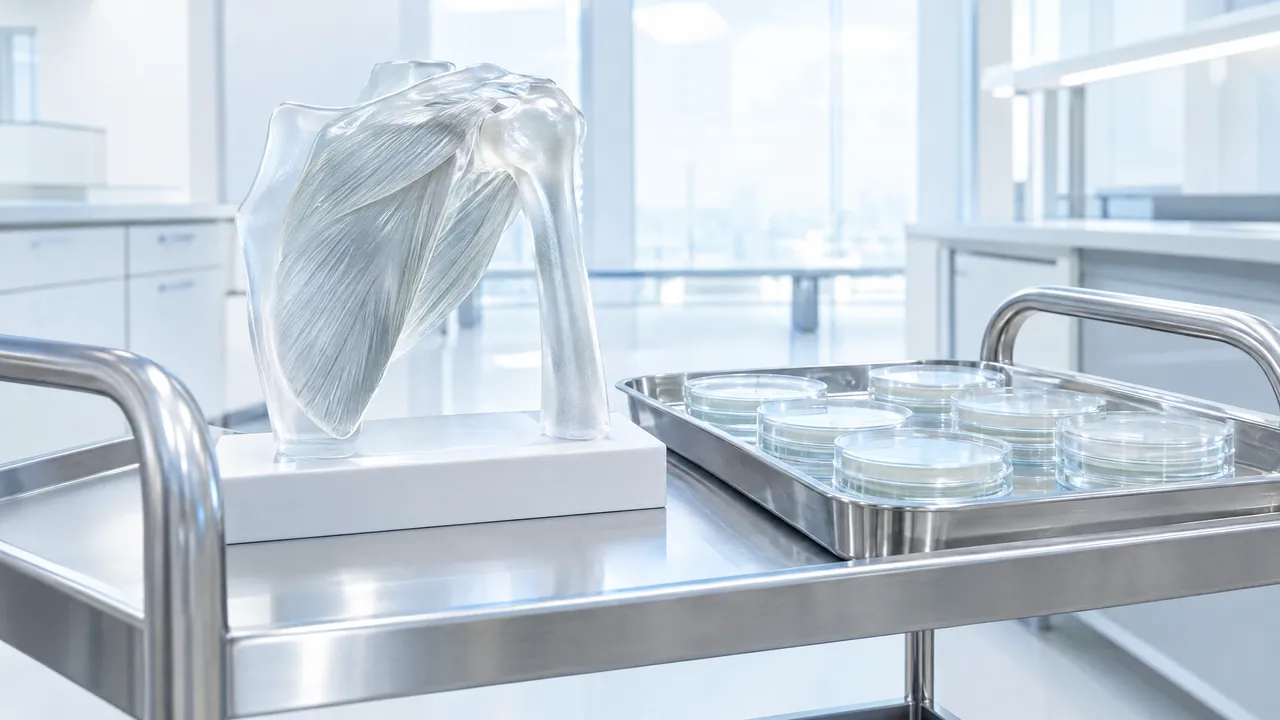 Transparent model of a shoulder with muscles on a stainless steel lab trolley, next to it a tray of petri dishes in a bright lab