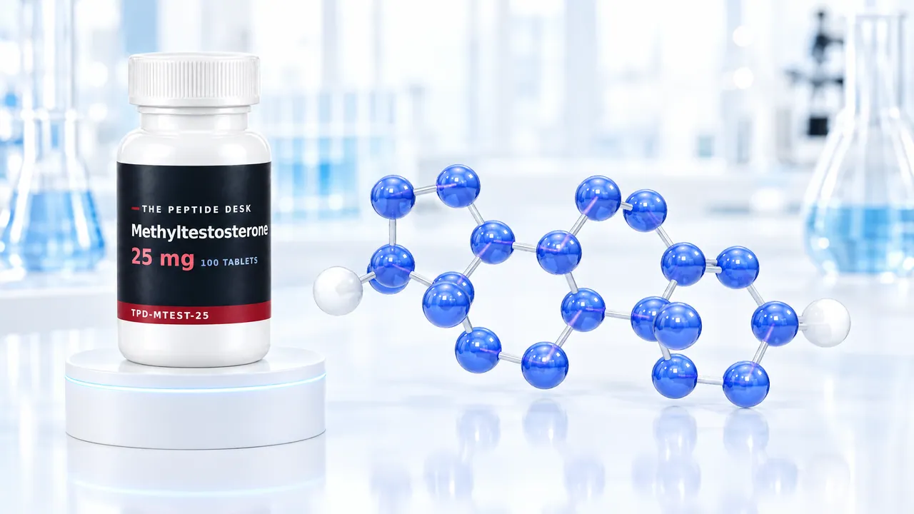 White tablet bottle with the black TPD label on a white podium, next to a blue 3D steroid molecule made of glass spheres in a bright lab