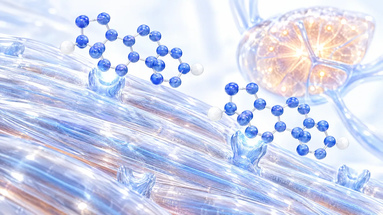 Translucent glass muscle fibres with blue steroid molecules docking at their receptors, top right a glass liver lobule glowing amber