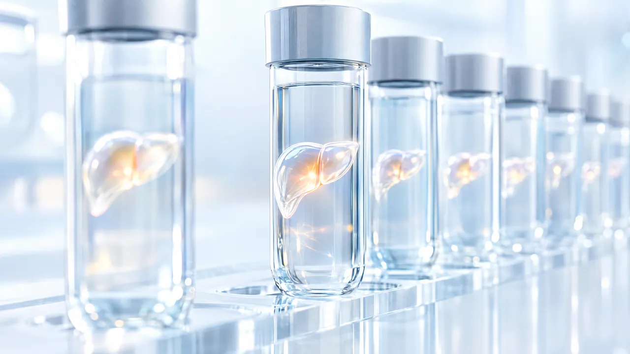 Row of sealed glass tubes on a lab bench, each holding a small glass liver with a warmly glowing core