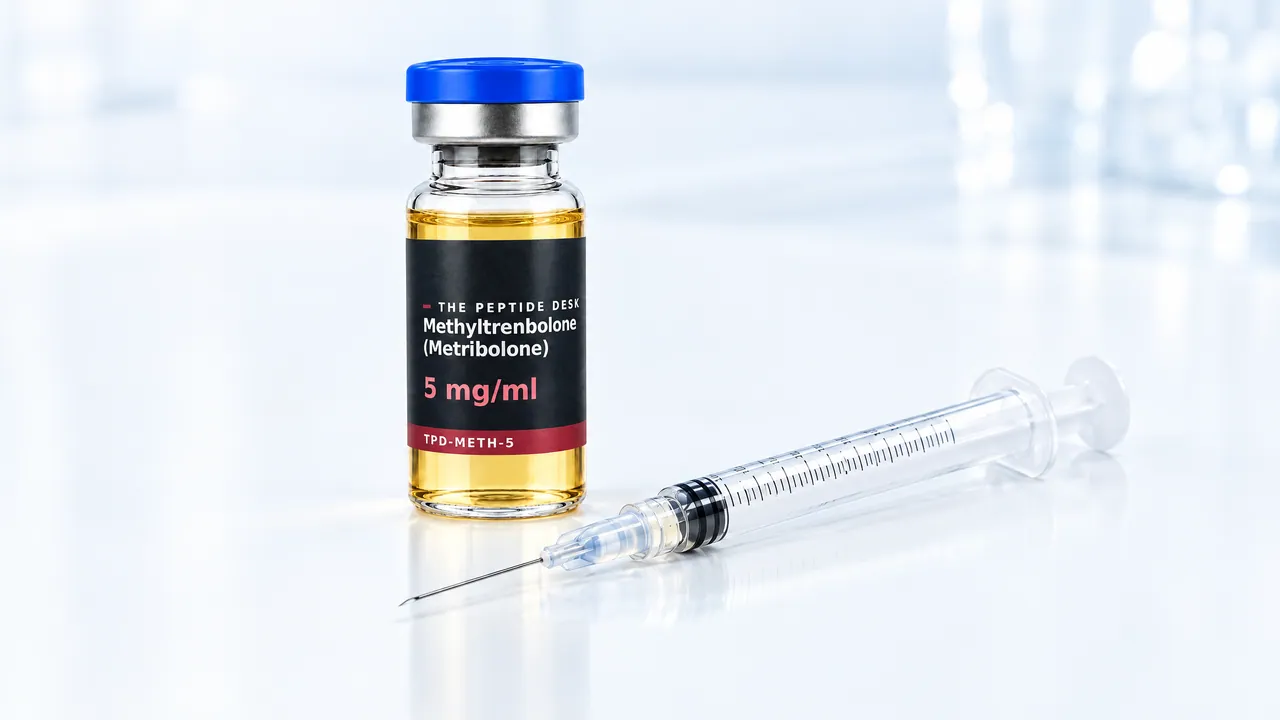 Glass vial with golden oil and a black TPD label, in front of it a finely graduated disposable syringe on a white table