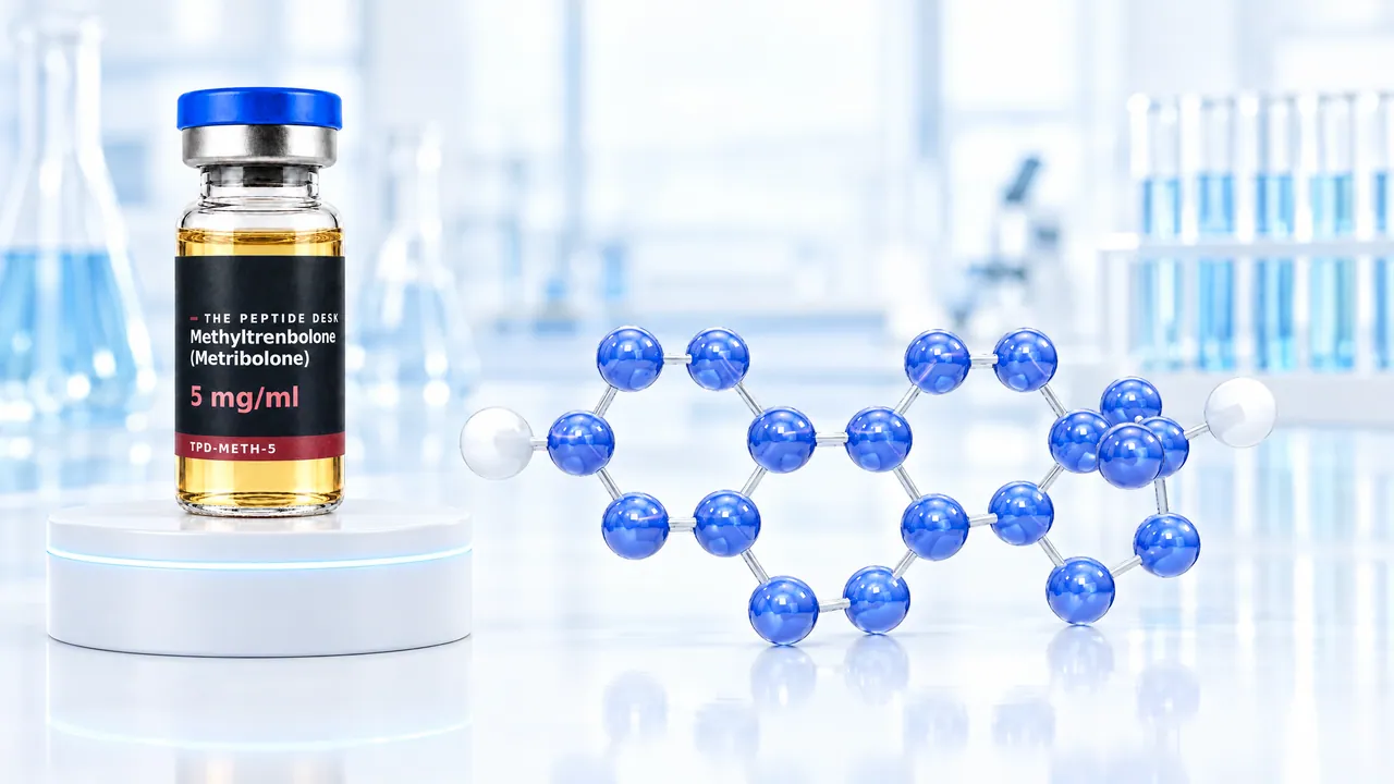 Glass vial with golden oil and a black TPD label on a white podium, next to it a large glossy blue 3D steroid molecule in a bright lab, symbolic image for methyltrenbolone