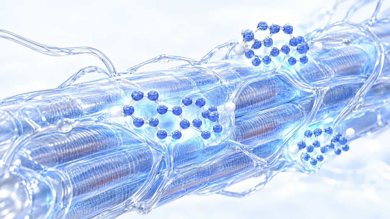 Glossy blue 3D steroid molecules sit glowing on a transparent light blue muscle strand with fine fibres