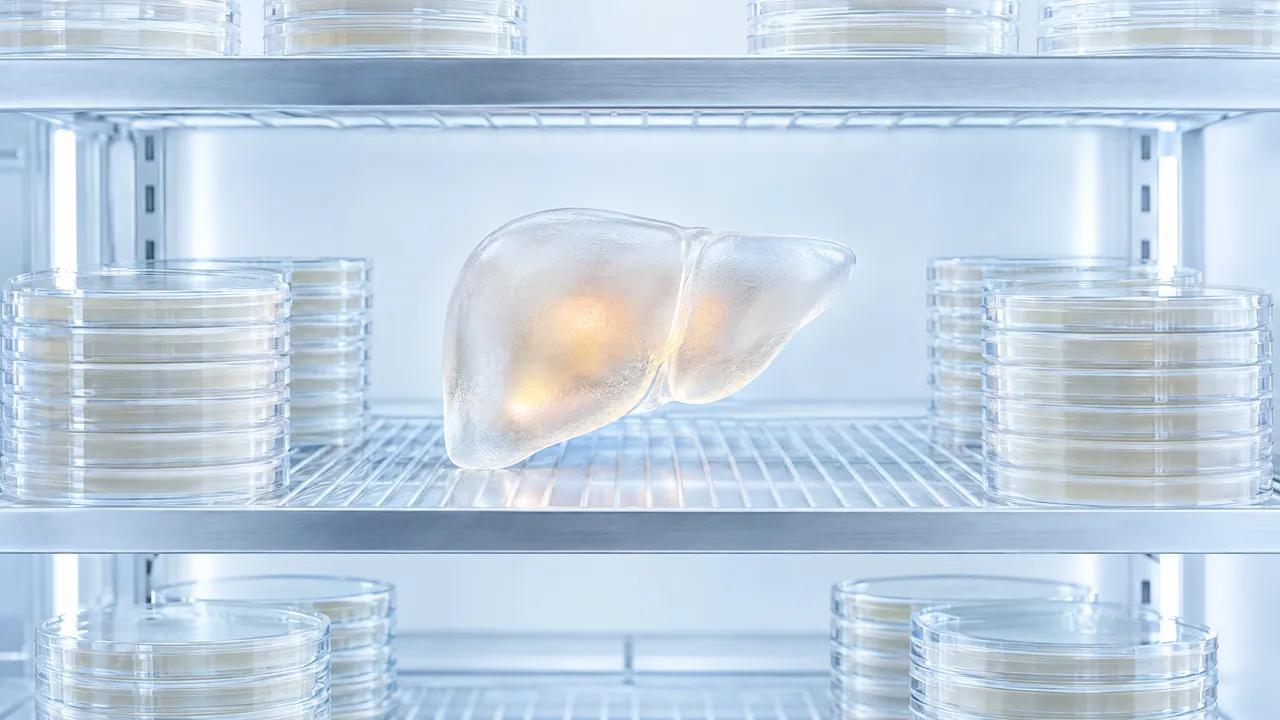 Transparent model of a liver on a wire rack between stacked petri dishes in a bright lab cabinet