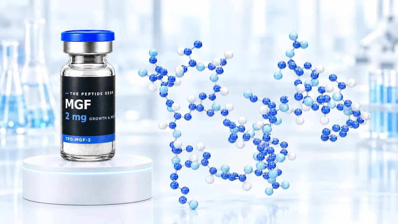 MGF vial with white powder and the black TPD label on a white podium, next to a blue 3D peptide chain in a bright lab