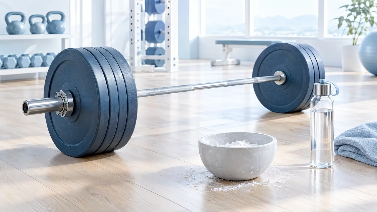 Barbell with dark blue weight plates, a bowl of powder, a water bottle and a towel on the wooden floor of a bright gym