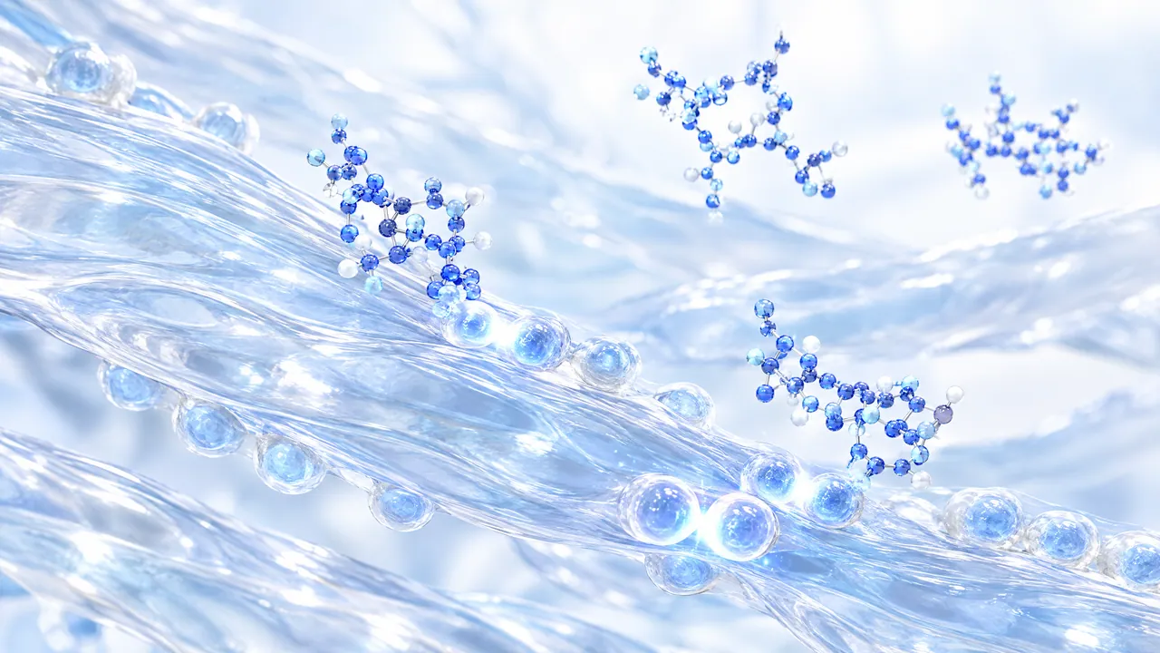 Glossy light blue muscle fibres with small glowing spheres along the fibres, blue 3D molecules above them