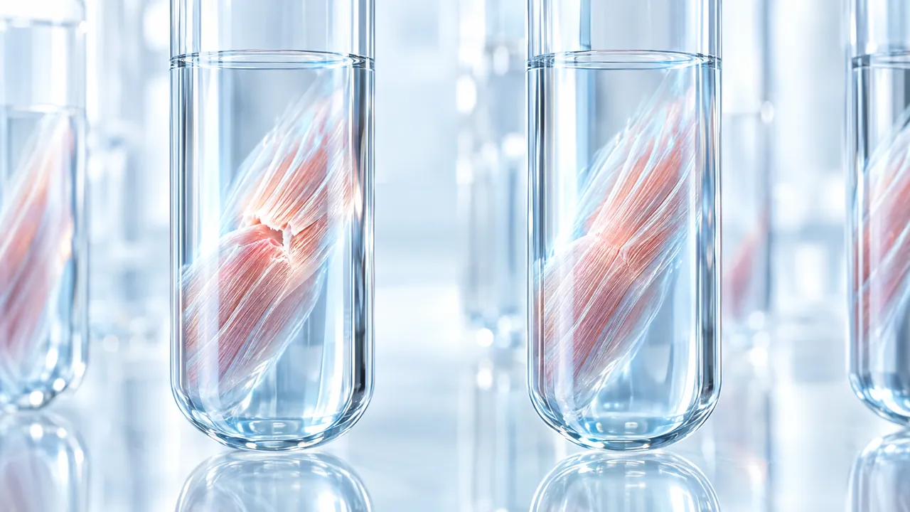 Test tubes with red muscle fibre samples in clear liquid in a bright lab