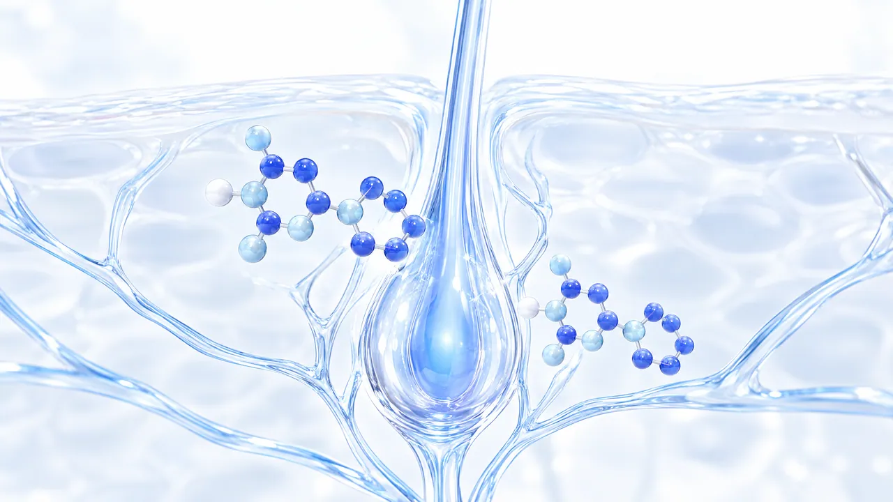 Glass hair follicle with a growing hair, surrounded by fine glass vessels, with blue molecules beside the root