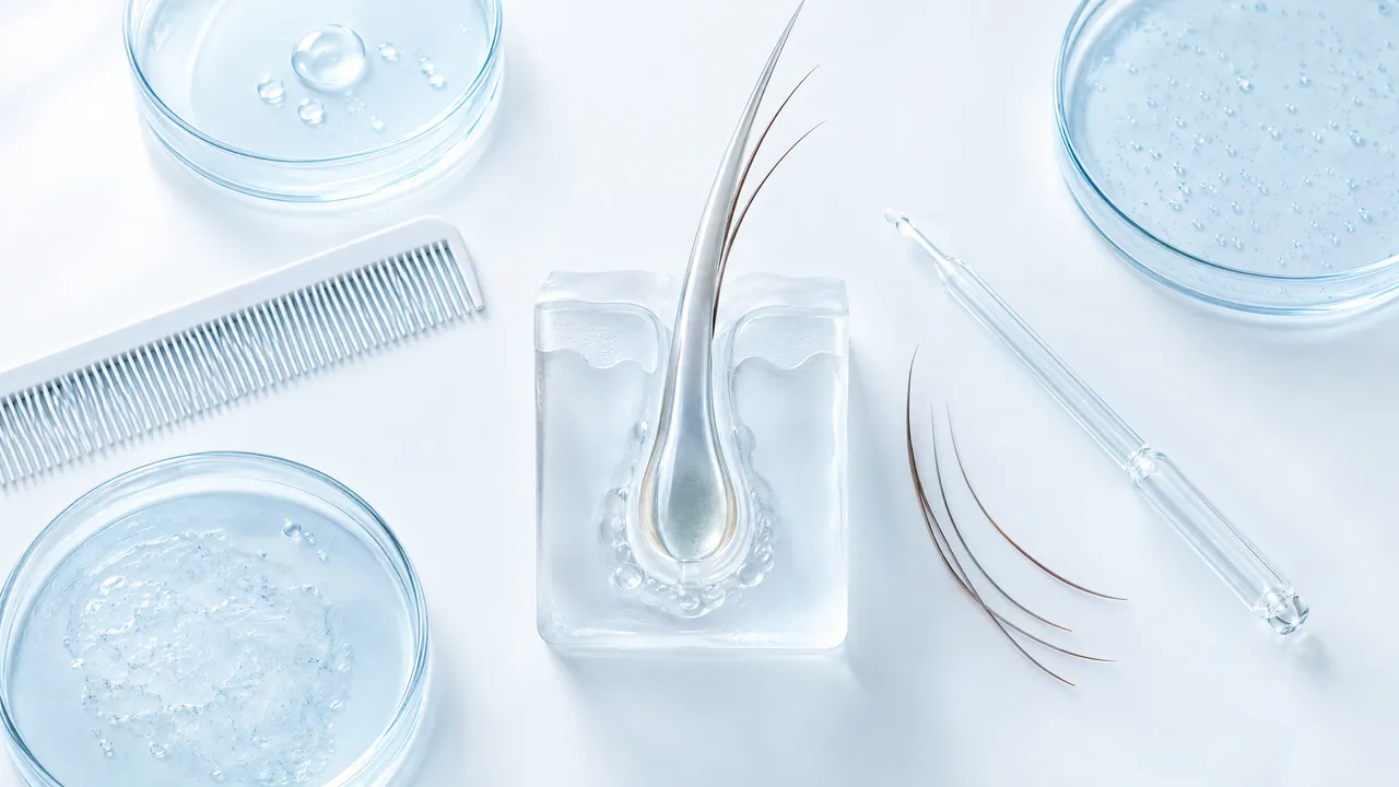 From above: comb, petri dishes and a glass pipette around a frosted glass hair follicle sculpture with a few fresh hairs
