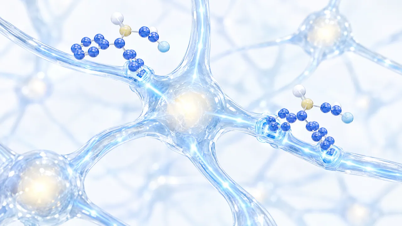 Network of glass nerve cells with warmly glowing nodes, blue molecules docking at pores of the cell branches