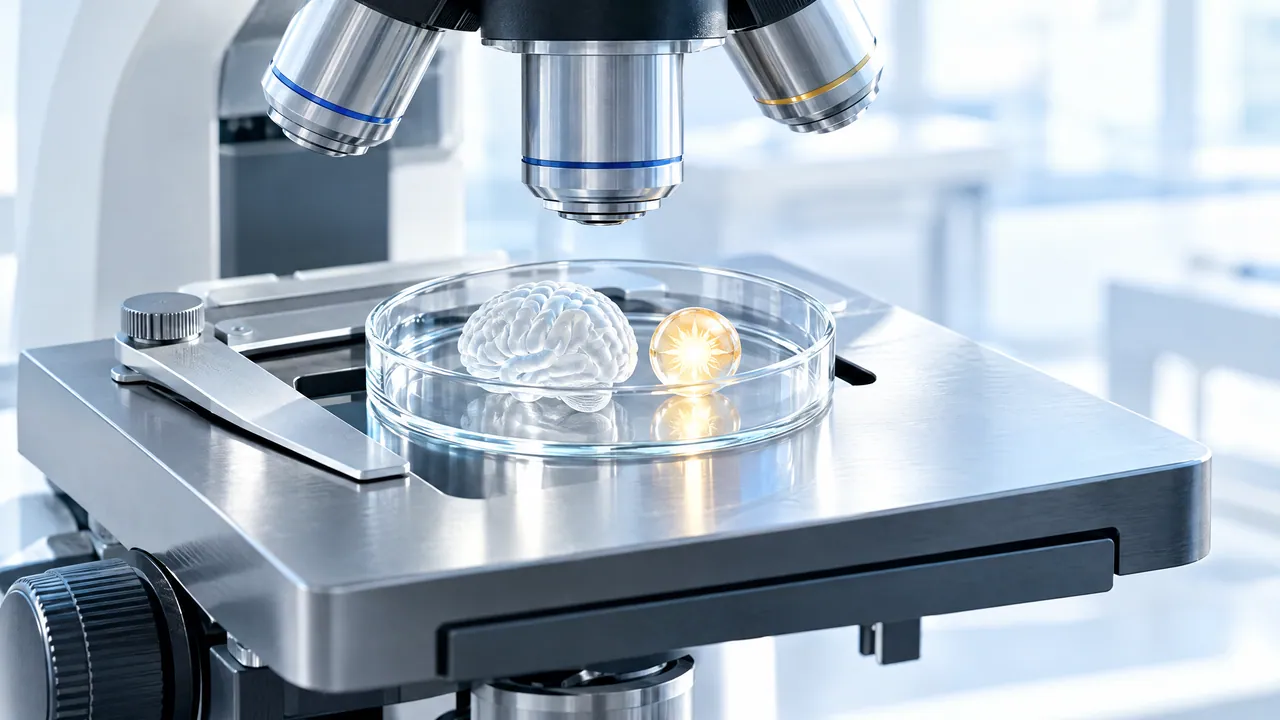 Microscope stage with a shallow petri dish holding a small frosted glass brain and a glowing glass sun disc