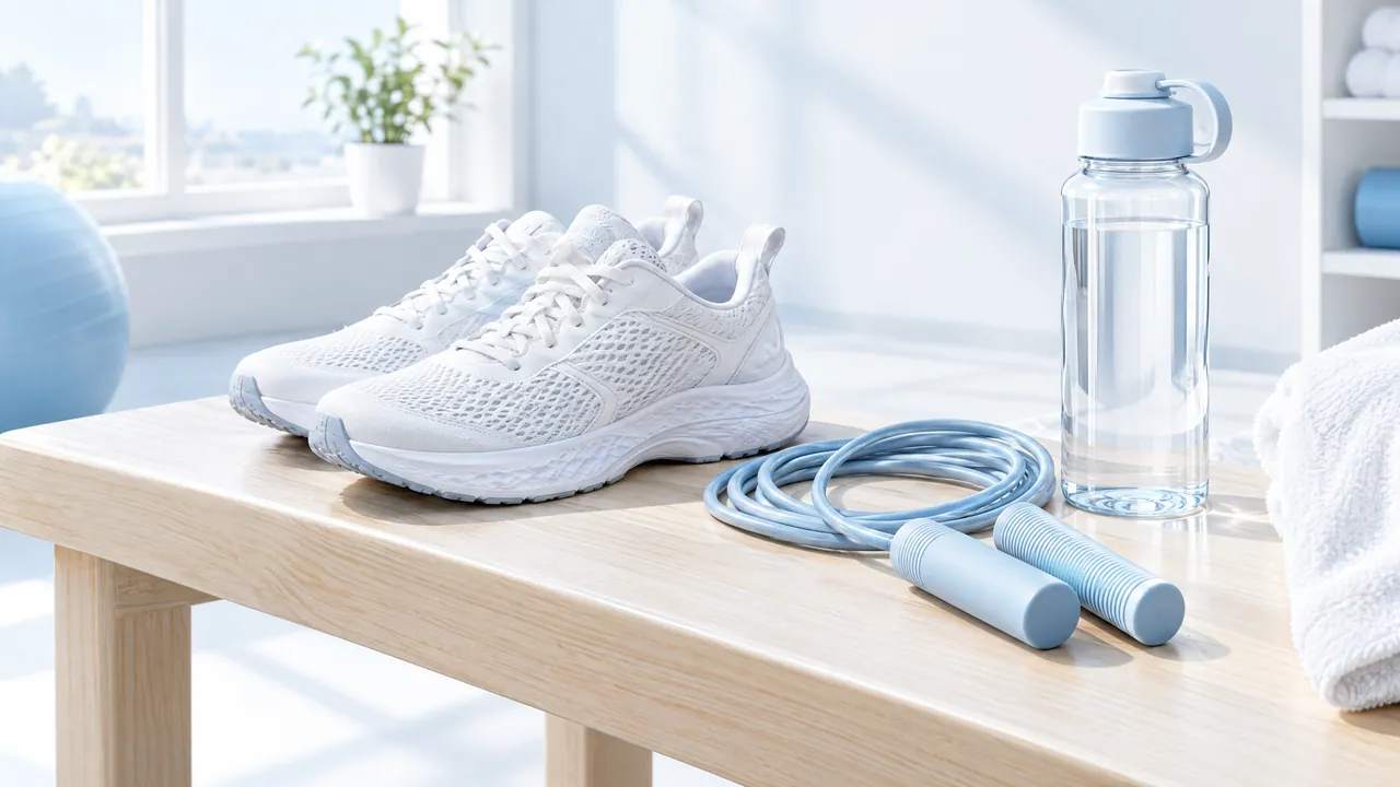 White running shoes, a skipping rope and a water bottle on a wooden bench in a bright training room
